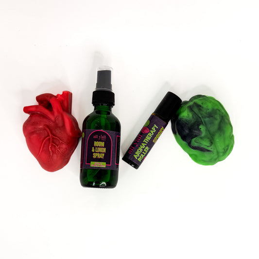 Halloween Collection trio – soap, roller, and 2 oz green glass room spray
